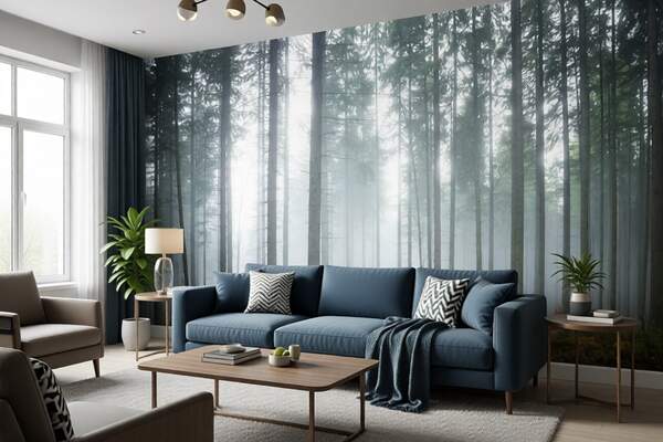 обои с туманным лесом в интерьере