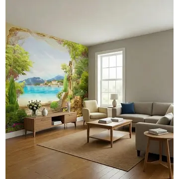 Фреска со старой аркой и видом на горы и озеро