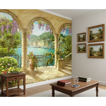 Старая арочная терраса с лестницей — Вид на бухту (фреска в интерьере)