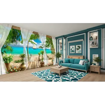 Обои для стен «Терраса с видом на тропический пляж» в интерьере комнаты