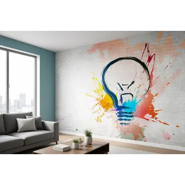 Кирпичная стена в интерьере комнаты с рисунком лампочки (брызги краски)