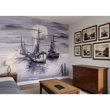 Обои на стене в интерьере комнаты с кораблями