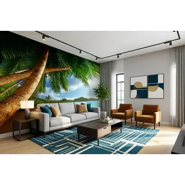 Обои на стену «Райский пляж с пальмами» в интерьере комнаты