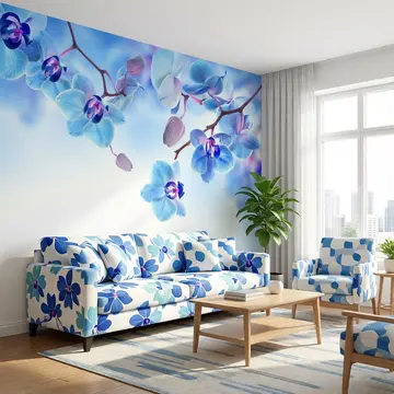 Обои в интерьере жилой комнаты с синими тропическими орхидеями 