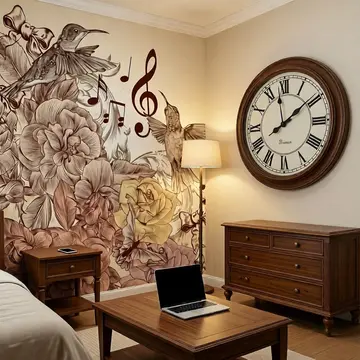 Арт-обои «Цветочная симфония с колибри и нотами» в интерьере спальни