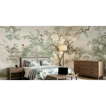 Обои на стене с рисунком «Деревья и птицы в восточном стиле» в интерьере спальни