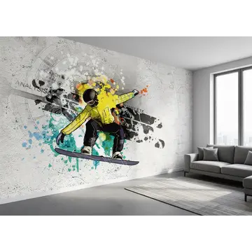 Обои в интерьере комнаты  «Сноубордист (рисунок на стене — граффити стиль)»
