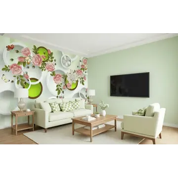 Обои в интерьере «Цветочная симфония роз в белых кольцах»