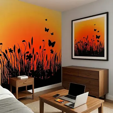 Обои «Силуэты бабочек над травой в лучах заката» в интерьере комнаты