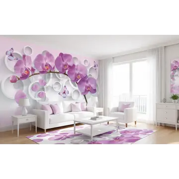 3Д Обои с орхидеями и бабочками в интерьере жилой комнаты