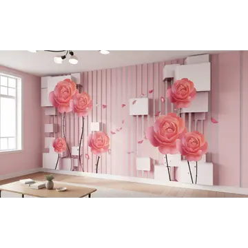 Обои в интерьере «Кубические формы с розами в розовых тонах»
