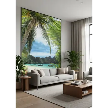 Тропический пейзаж с пальмой, морем и лодками в интерьере комнаты