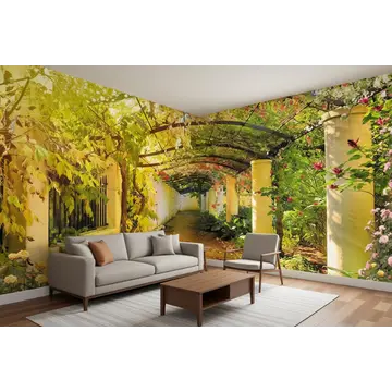 Фреска с колоннами и цветами (обои в интерьере комнаты)