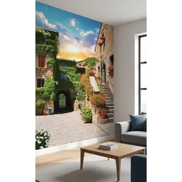 Фреска средневековый дворик с лестницей в интерьере комнаты