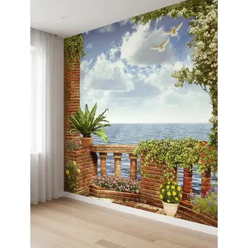 Обои на стену «Красивый вид с балкона на море» в интерьере комнаты