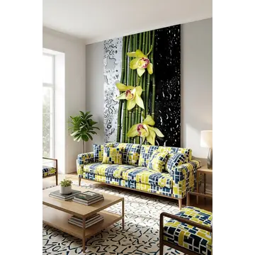 Орхидеи на побегах бамбука — Обои на стене в интерьере