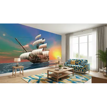 Обои с красивым парусником на стене в интерьере