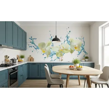 Обои в интерьере кухни «Орхидеи в брызгах воды»