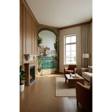 Фреска в интерьере комнаты с каменной аркой на балконе в Венеции