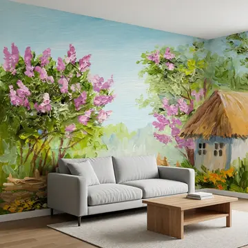 Обои в интерьере "Дом в лесу" (Картина маслом)