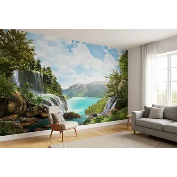 Обои для стен с природным пейзажем, водопадом и горным озером в интерьере комнаты