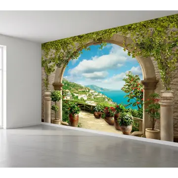Обои в интерьере с аркой и видом на прибрежный город
