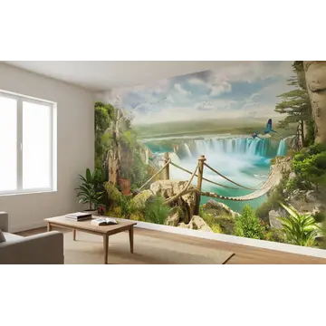 Обои с водопадами (сказочный пейзаж) в интерьере комнаты