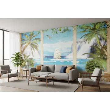 Обои в интерьере «Экзотическая терраса с видом на парусник и водопады»