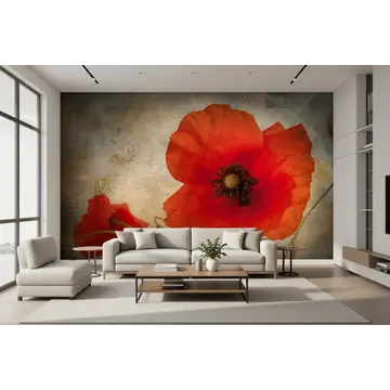 Обои с винтажным маком на всю стену в интерьере комнаты