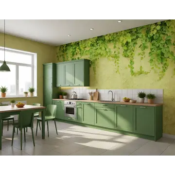Обои с плющом на старой стене в интерьере кухни