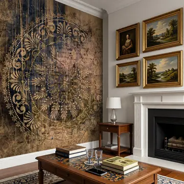 Обои в интерьере «Орнаментальная симфония антикварной мандалы в приглушённых тонах»