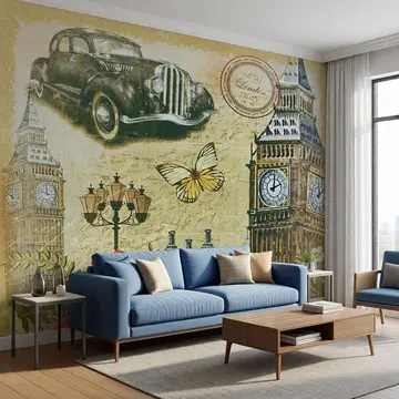 Обои в интерьере «Винтажный Лондон: Биг-Бен, ретро-автомобиль, бабочка, розы и уличный фонарь»