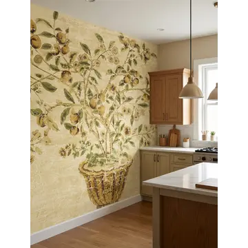 Обои в интерьере кухни «Фруктовый каскад в античной чаше — спокойствие классики»