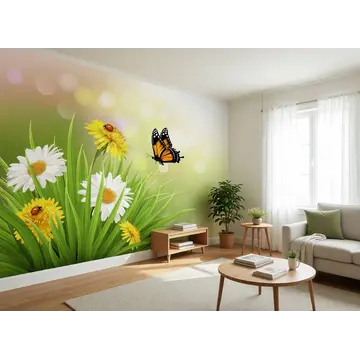 Обои в интерьере «Луг: ромашки, одуванчики, божьи коровки»