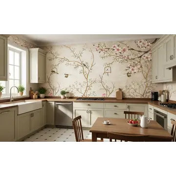Обои с цветами и птицами на винтажном фоне в интерьере кухни