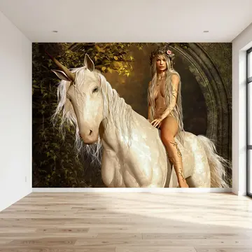 Обои в интерьере «Девушка и единорог» 