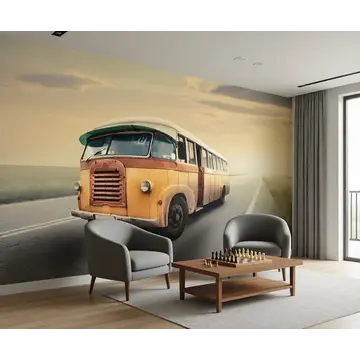 обои в интерьере «ретроавтобус в закатном сиянии пустой дороги»