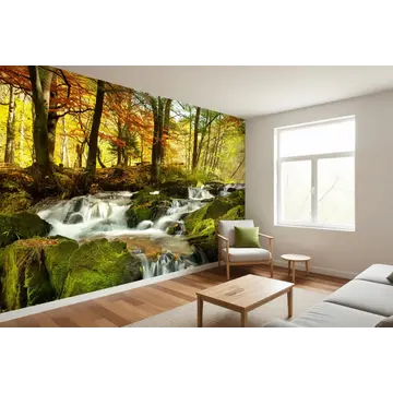 Фотообои в интерьере с водопадом в осеннем лесу