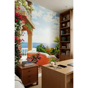Обои в интерьере кабинета с балконом с цветами и красивым видом на рассвет в море