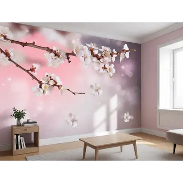 Фотообои в интерьере «Цветущая ветвь в тёплом сиянии»