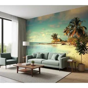Обои в интерьере «Тропический пляж в стиле ретро»
