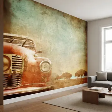 обои с ретро-авто в интерьере комнаты