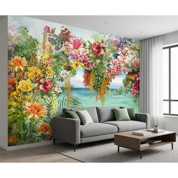 Обои с цветами в интерьере: Морской пейзаж — акварель, абстракция.