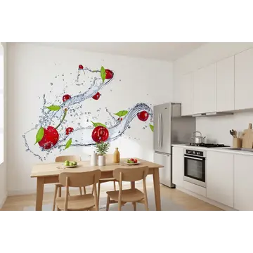Вишни в брызгах воды — 3Д обои для кухни
