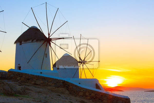 Фотообои с ветряными мельницами в Греции на закате