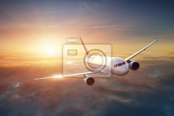 Фотообои с самолетом в облаках на закате солнца