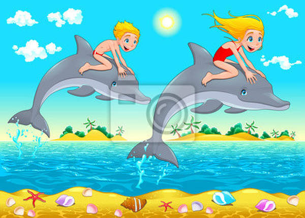 Детские фотообои "Мальчик и девочка на дельфинах"