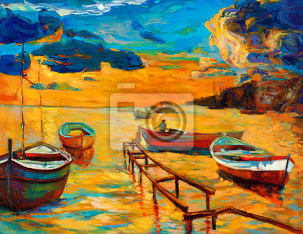 Фотообои с лодками на закате (живопись)