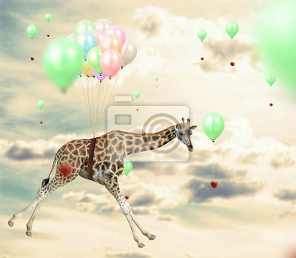 Фотообои с жирафом на воздушных шарах (креативный сюжет)