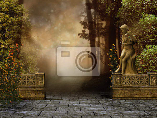 Фотообои - Сад со статуей женщины